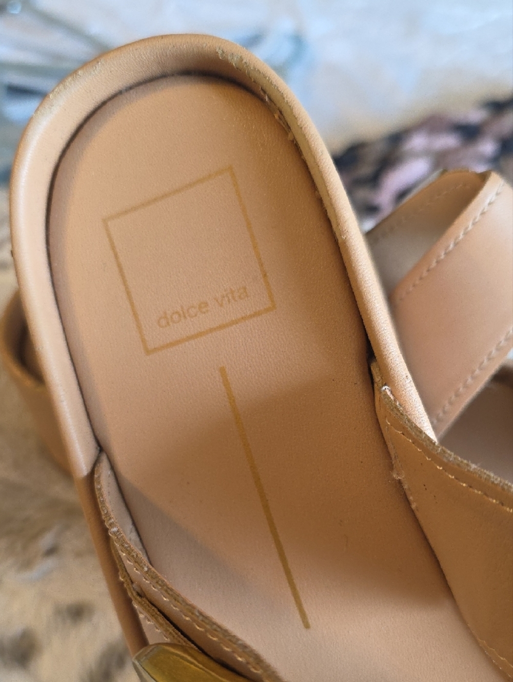 Dolce Vita Tan Slide Sandals with Gold Buckles - Picture 2 of 7